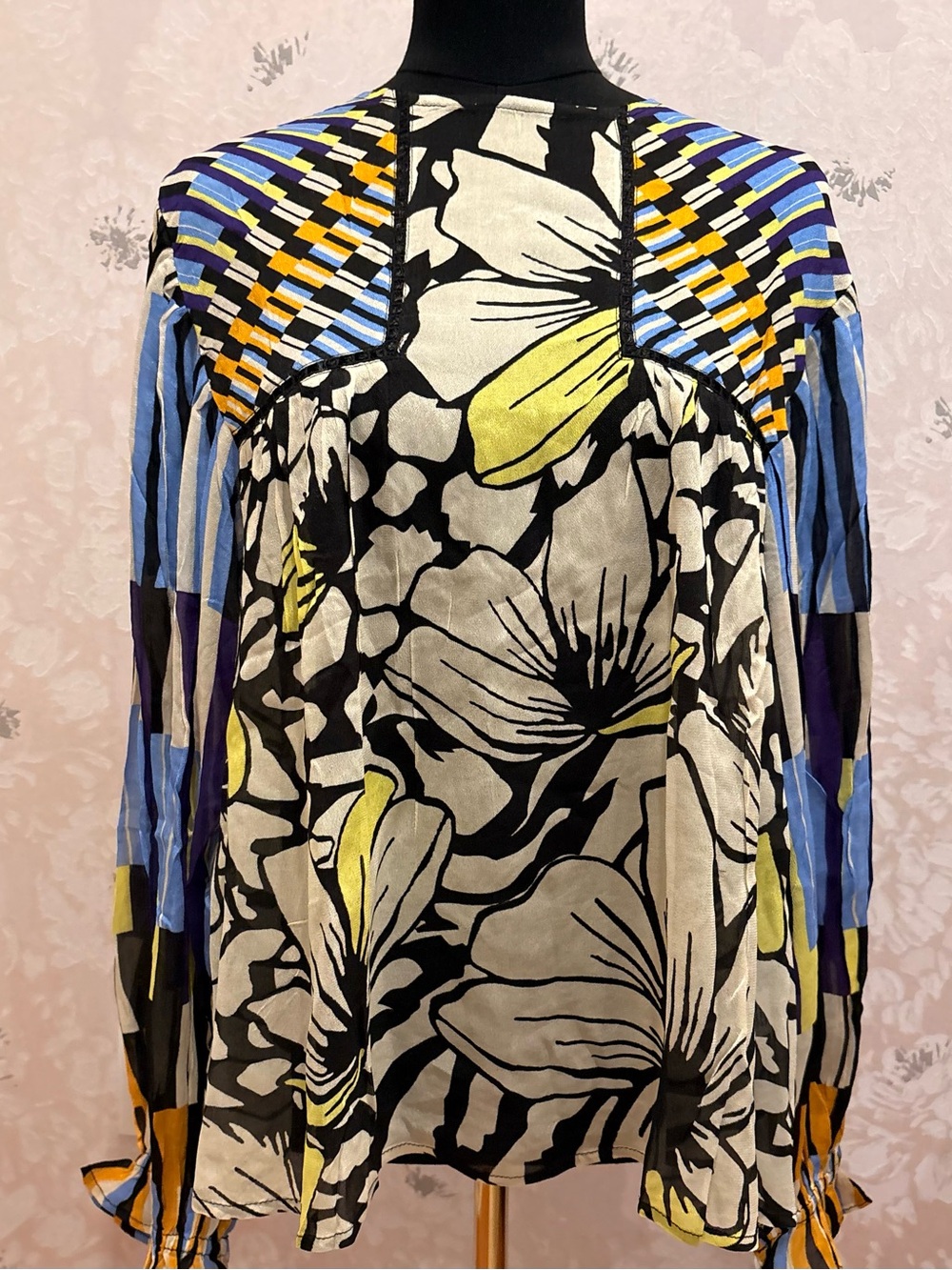 Abstract Floral Mixed-Print Blouse in Black, Ivory & Yellow